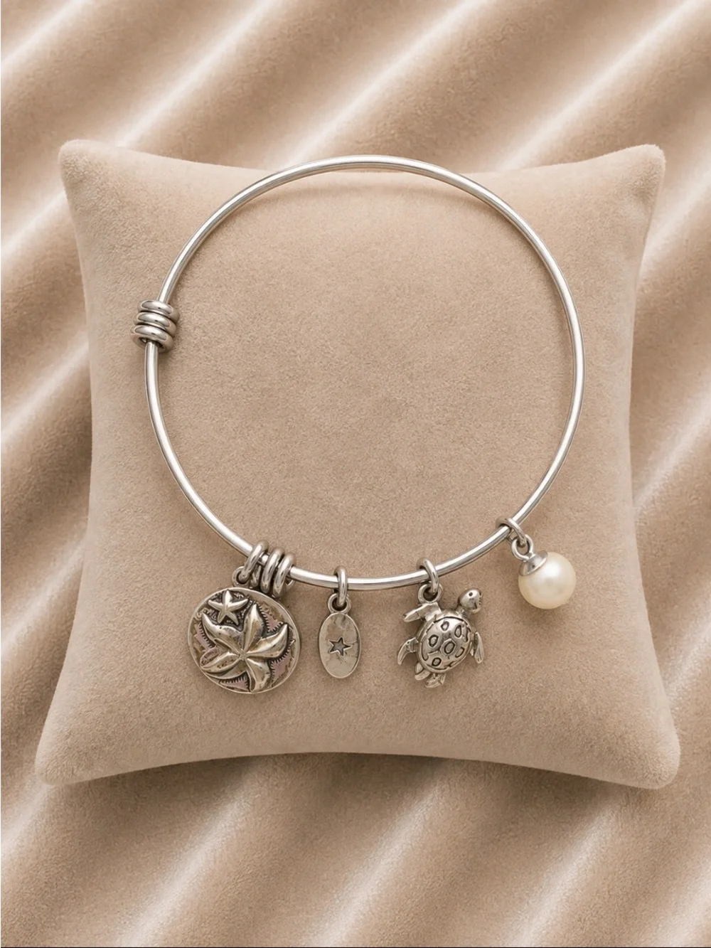 Unwritten Silver Turtle & Beach Charm Bangle with Pearl Accent
